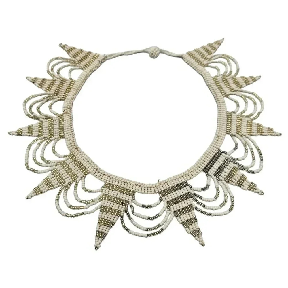 Beaded Necklace Zulu Spear White Gold Bead Beaded Choker Vintage